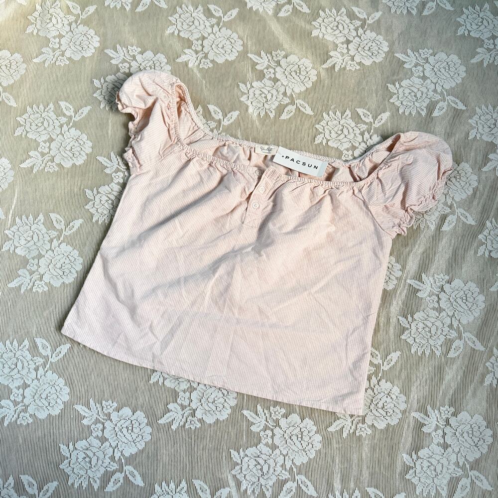 Brandy Melville John Galt Pink Striped Puff Sleeve Top One Size